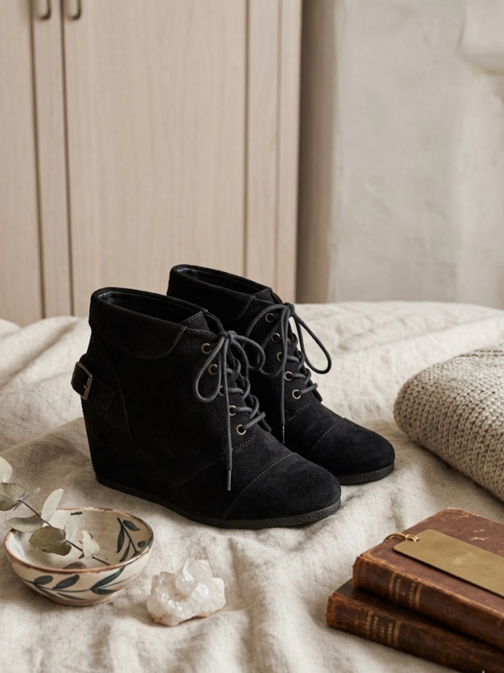 Call It Spring Black Suede Wedge Booties | Ankle Lace-Up Buckle Detail Size 6